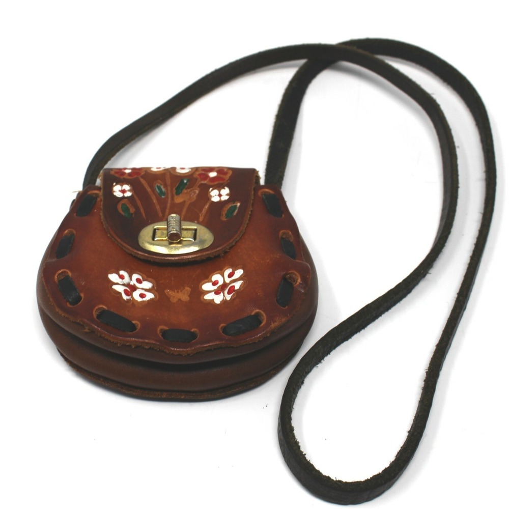 Women‎ Leather Wallet Mexico Souvenir Money Coin Brown Bag Mini 4.5"x4.5" Flower